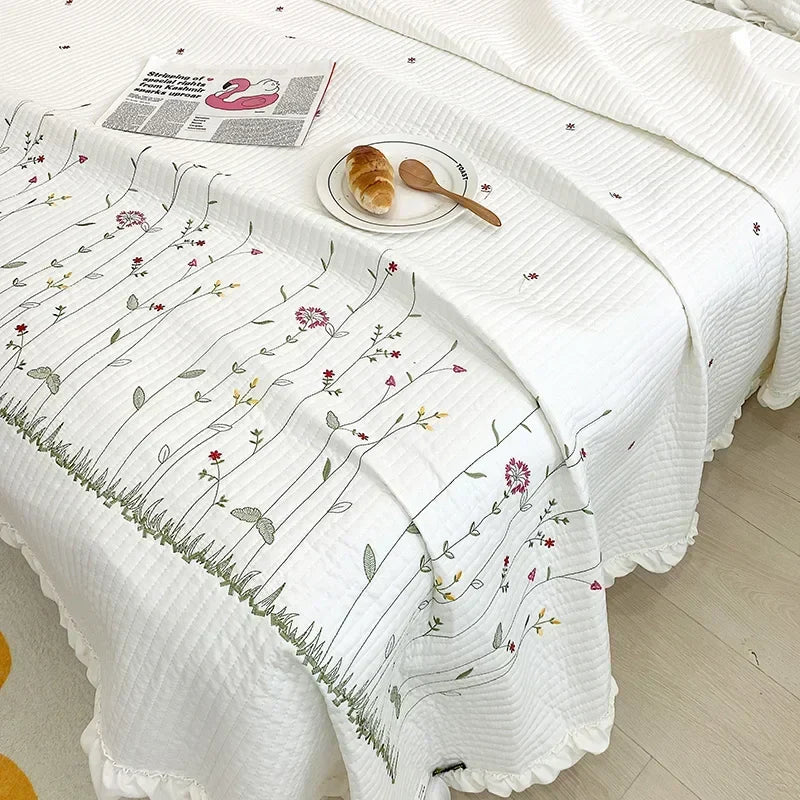 DecorBites™ Fresh Flower Embroidered Summer Quilt Set - Lightweight Ruffled Comforter