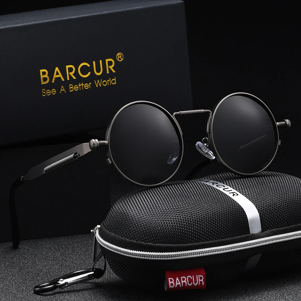 BARCUR Polarized Round Steampunk Sunglasses for Men – Retro Fashion Stainless Steel Frame with UV400 Protection and Spring Hinges – Luxury Vintage Style Circular Sun Glasses for Women & Men Perfect for Outdoor Travel and Summer Events