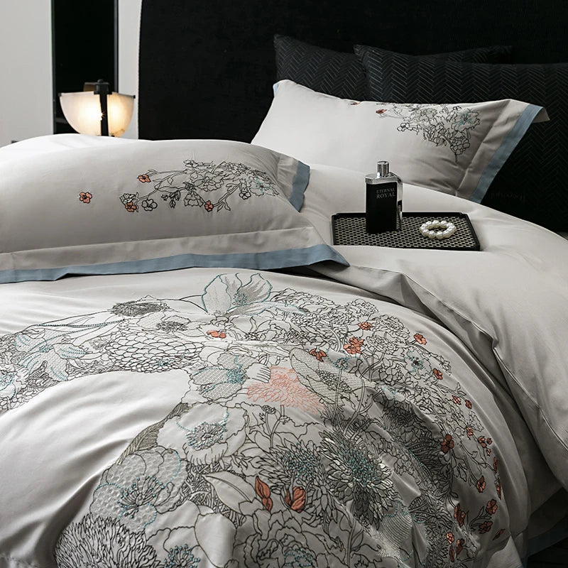 DecorBites™ Cotton Flowers Horse Embroidery Luxury Bedding Set - Duvet Cover, Bed Sheet, Pillowcases