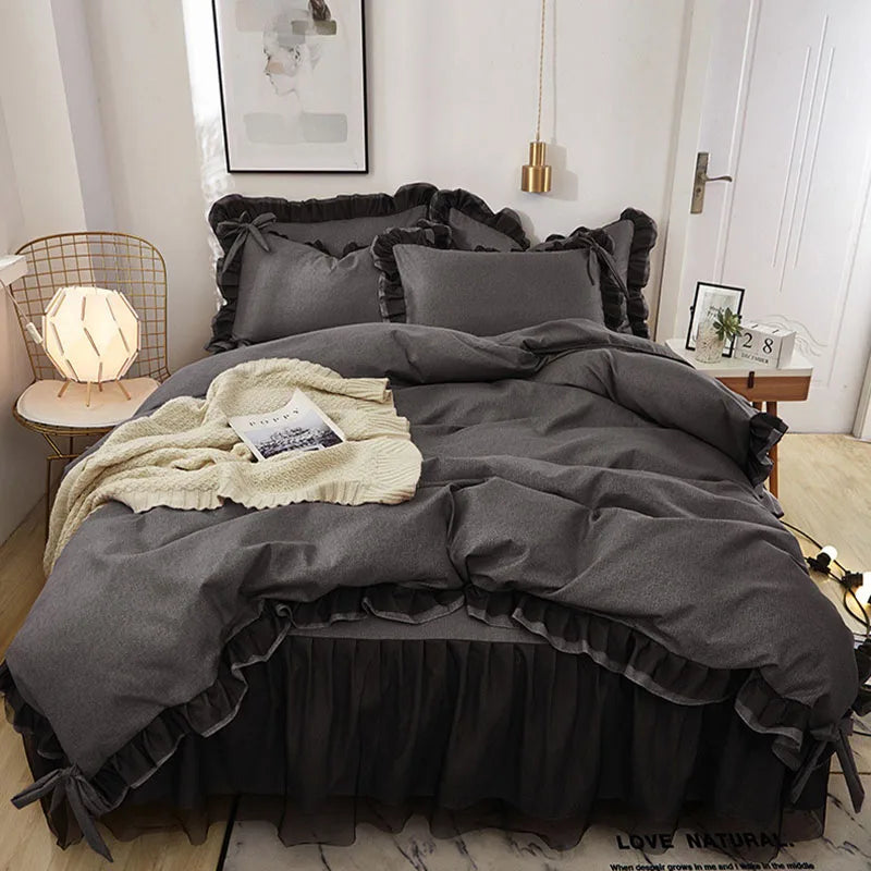 DecorBites™ Korean Bed Skirt Set with Ruffled Edges - Solid, Skin-Friendly Bedding Kit