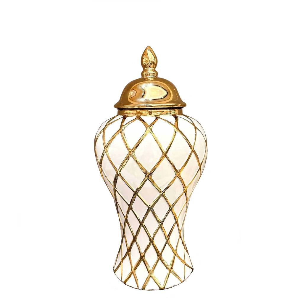 DecorBites™ Gold Diamond Porcelain Vase: Elegant Ceramic Home Decoration & Storage Jar
