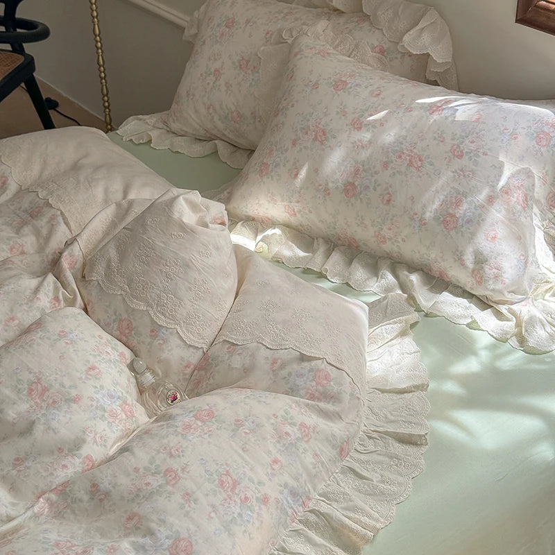 DecorBites™ Elegant Floral Lace Ruffles Bedding Set with Double Yarn - Soft Cotton Blend