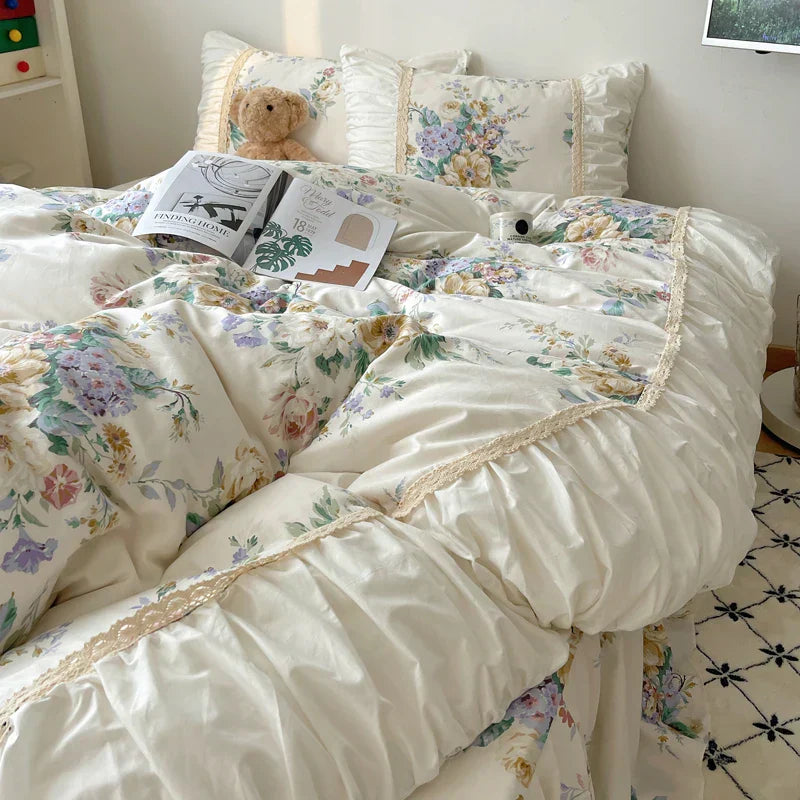 DecorBites™ Korean Princess Flowers Bedding Set - Duvet Cover, Bed Skirt, Pillowcases