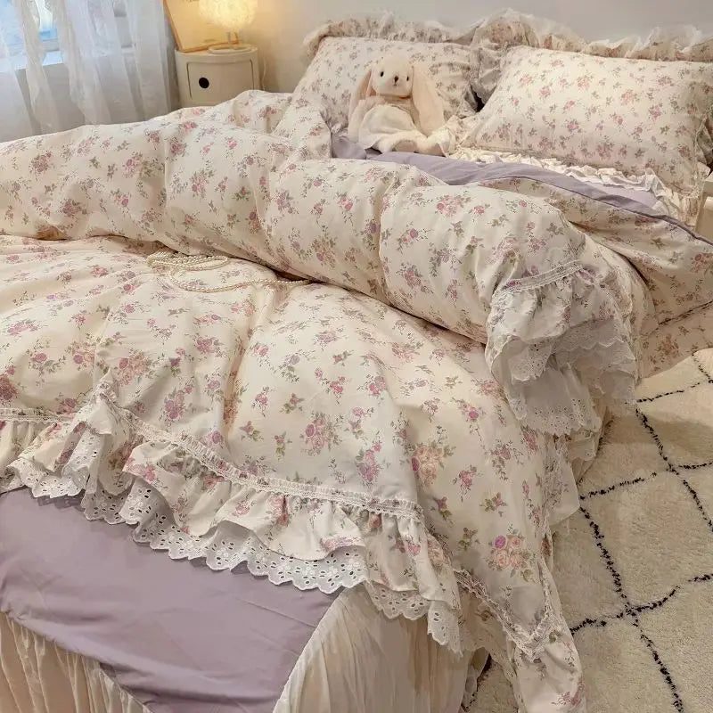 DecorBites™ Korean Princess Style Floral Lace Ruffles Bedding Set with Pillowcase
