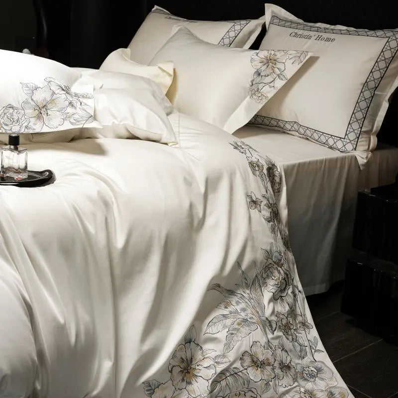 DecorBites™ Luxe Embroidered Cotton Bedding Set: Duvet Cover, Pillowcases, Flat Sheet