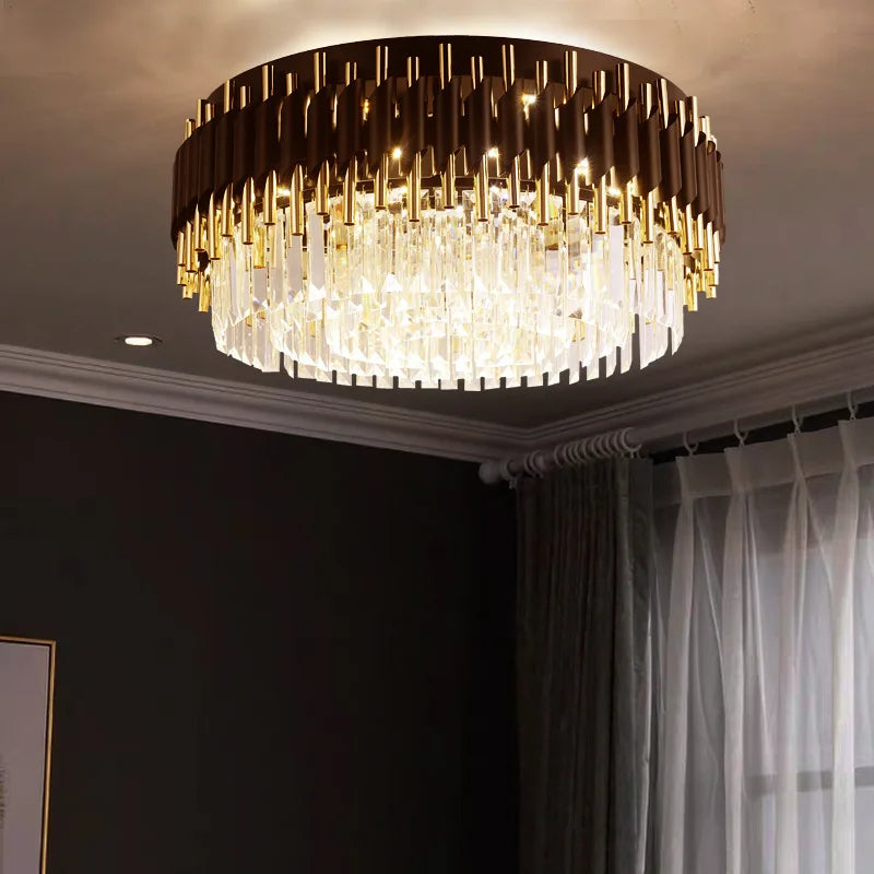 DecorBites™ Gold Black Crystal Ceiling Chandelier - Round LED Pendant for Living Room Lighting