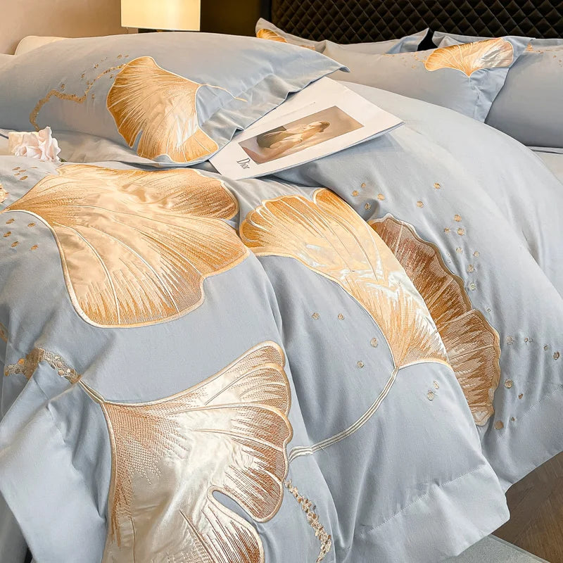 DecorBites™ Gold Ginkgo Leaf Embroidery Bedding Set - 100% Cotton Luxury 4Pcs