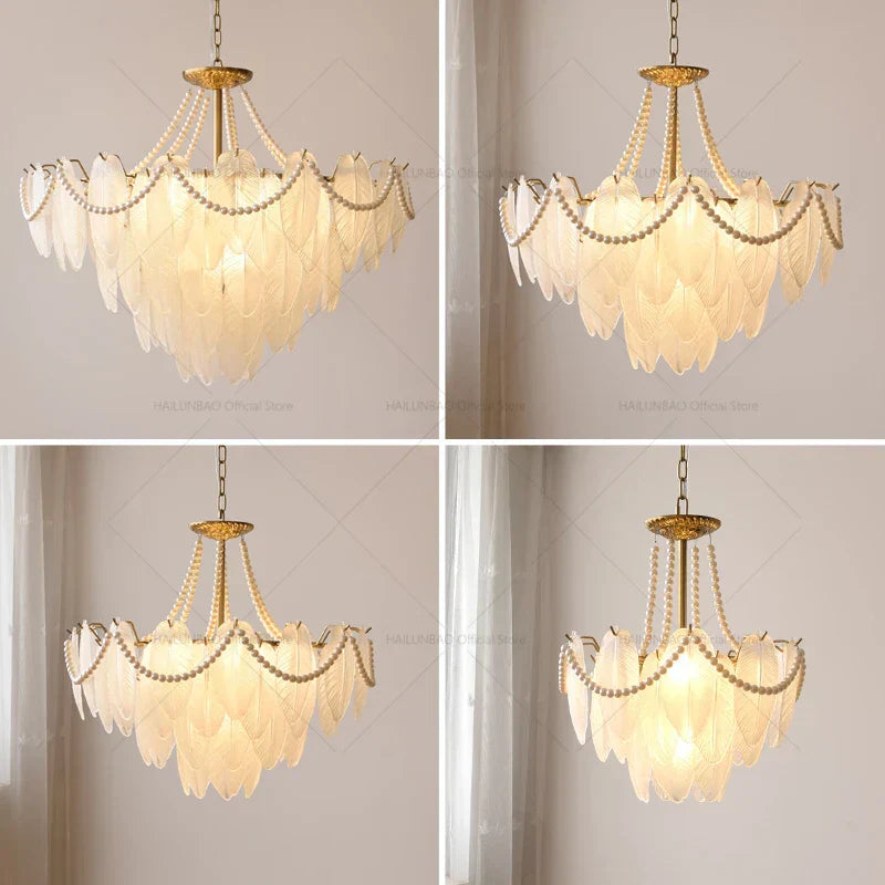DecorBites™ Cream Wind Feather Pearl Crystal Chandelier for Luxury Living Room and Bedroom