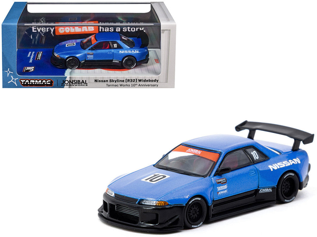 Nissan Skyline (R32) Widebody RHD (Right Hand Drive) #10 "Tarmac Works 10th Anniversary" Blue Metallic "Global64" 1/64 Diecast Model Car by Tarmac Works