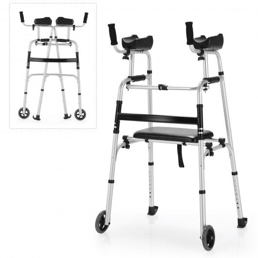 Height Adjustable Rollator Walker With Seat and Armrest Pad - Color: Silver