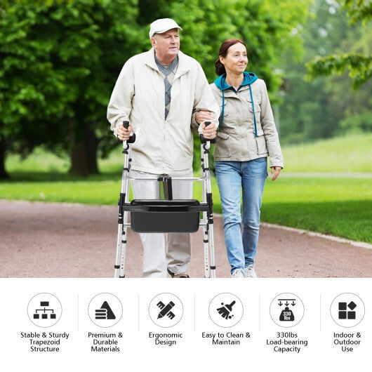 Height Adjustable Rollator Walker With Seat and Armrest Pad - Color: Silver