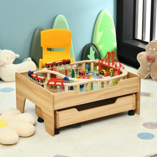 Kids Wooden Train Set Table with 100 Multicolor Pieces and Lockable Wheels