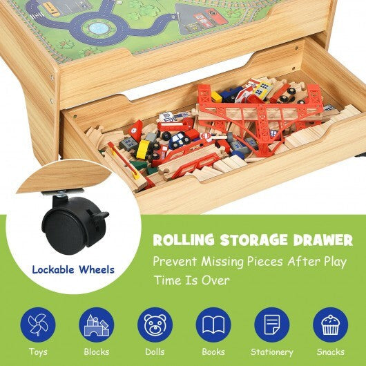 Kids Wooden Train Set Table with 100 Multicolor Pieces and Lockable Wheels