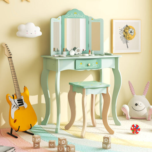 Kids Vanity Set with Tri-folding Mirror-White