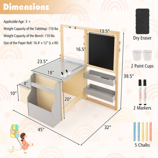 Kids Art Center Wooden Table Bench Set-Brown