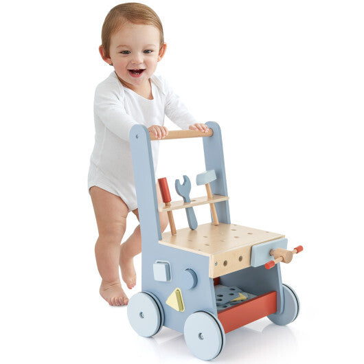 2-in-1 Toddler Wooden Baby Push Walker with Multi-Activity Center - Color: Blue