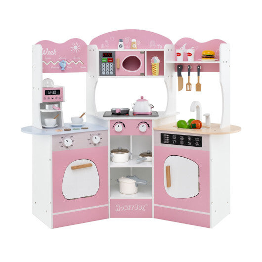 Corner Wooden Play Kitchen with Coffee Machine and Slide for Kids-Brown