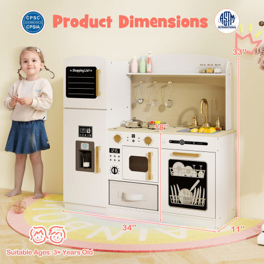 Wooden Kids Kitchen Playset with Chalkboard Ice Maker Sink Lighted Microwave-Pink