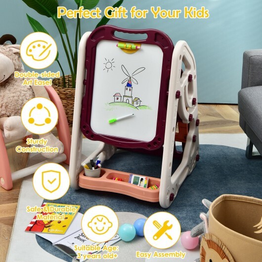 3-in-1 Kids Art Easel Double-Sided Tabletop Easel with Art Accessories-Red - Color: Red