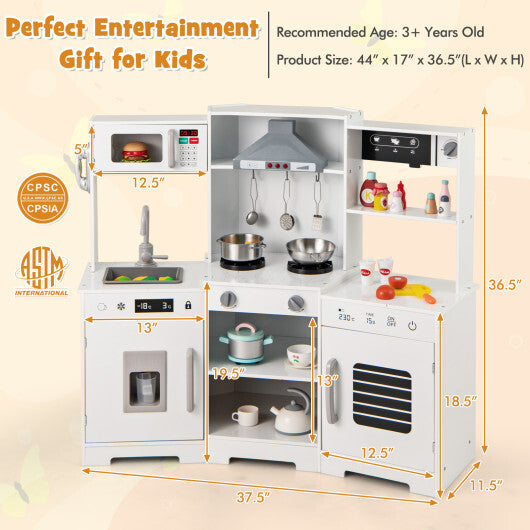 Pretend Play Kitchen Wooden Toy Set with Range Hood Real Sounds and Lights-Brown