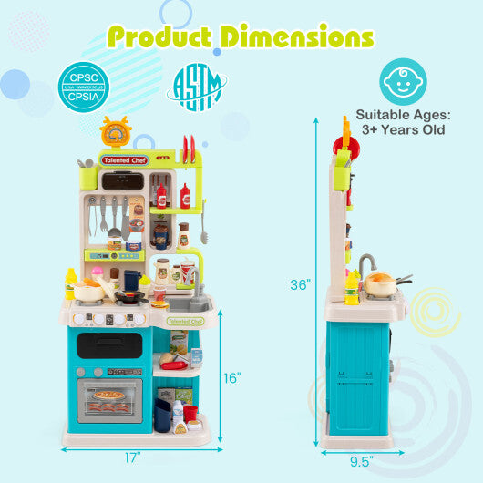 Kids Kitchen Playset Pretend Play Kitchen with Realistic Sounds and Lights-Blue