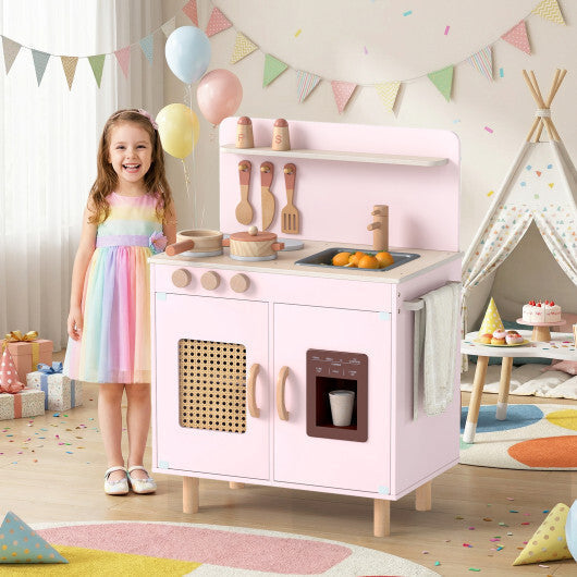 Wooden Pretend Kitchen Playset with Realistic Ice Maker-Yellow
