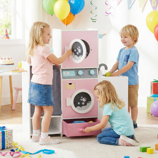 Wooden Kids Laundry Playset with Laundry Detergent Bottle and Clothes Hangers-Pink