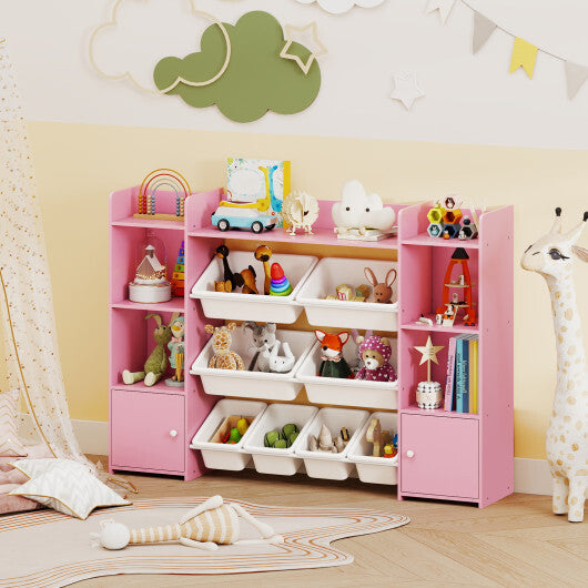 56 inch Large Toy Storage Organizer with 8 Removable Bins and Bookshelf-Pink