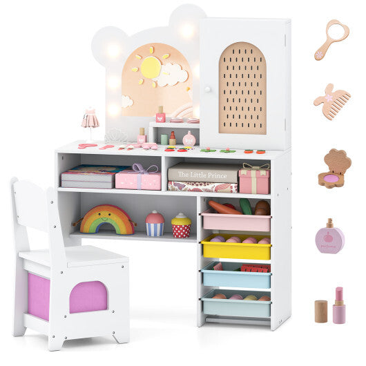 Kids Vanity with Lights and 5 Drawers for Kids Aged 3+ Years Old-White