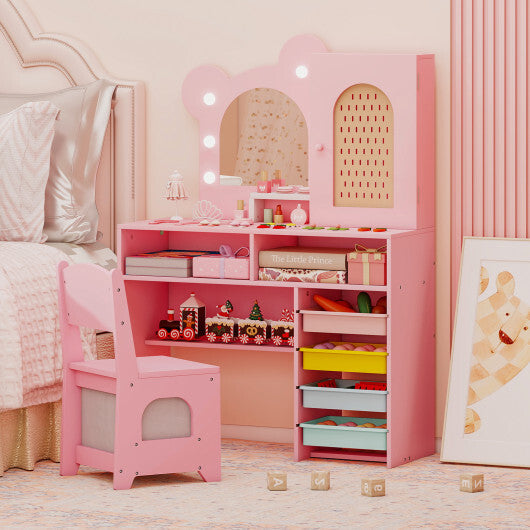 Kids Vanity with Lights and 5 Drawers for Kids Aged 3+ Years Old-White