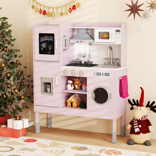 Pretend Play Kitchen Toy Kitchen Playset with Range Hood Ice Maker and Telephone-White