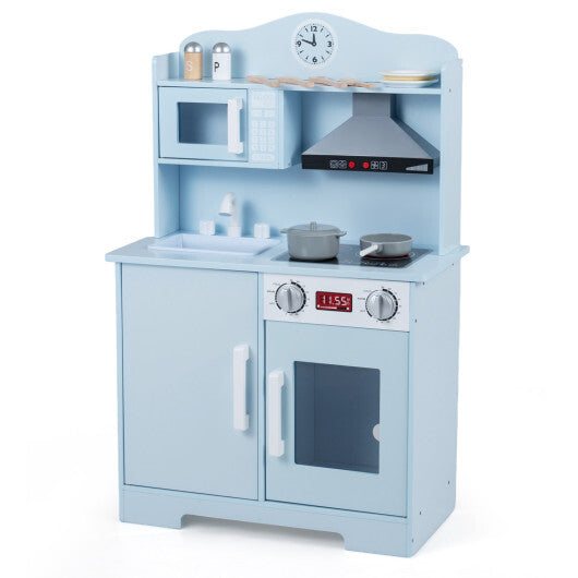Play Kitchen for Kids Wooden Playset with Range Hood and Microwave-Pink