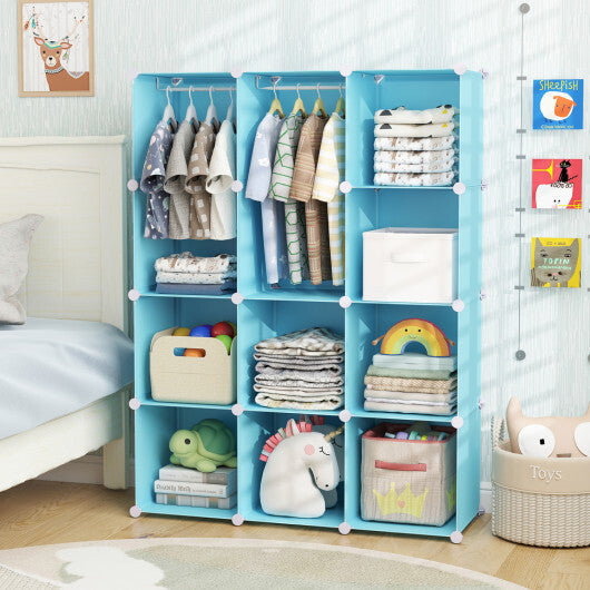 Modular Baby Wardrobe with 10 Cubes & Hanging Rod and Shelves Stackable-Pink