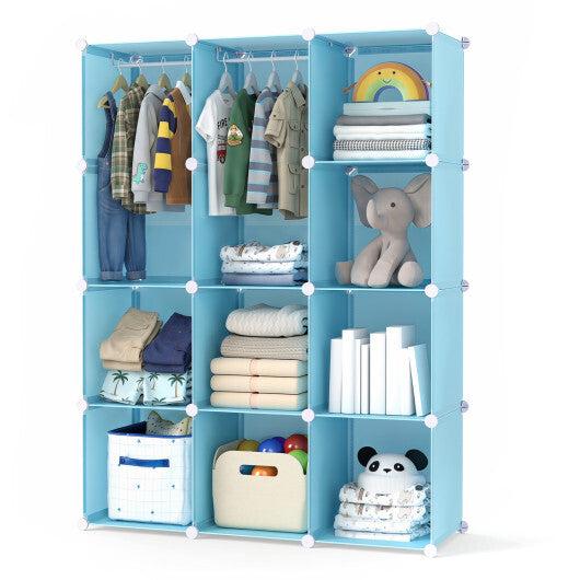 Modular Baby Wardrobe with 10 Cubes & Hanging Rod and Shelves Stackable-Pink