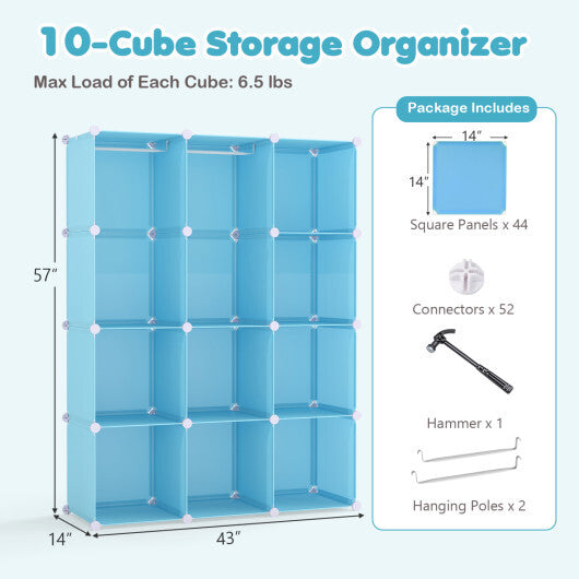 Modular Baby Wardrobe with 10 Cubes & Hanging Rod and Shelves Stackable-Pink