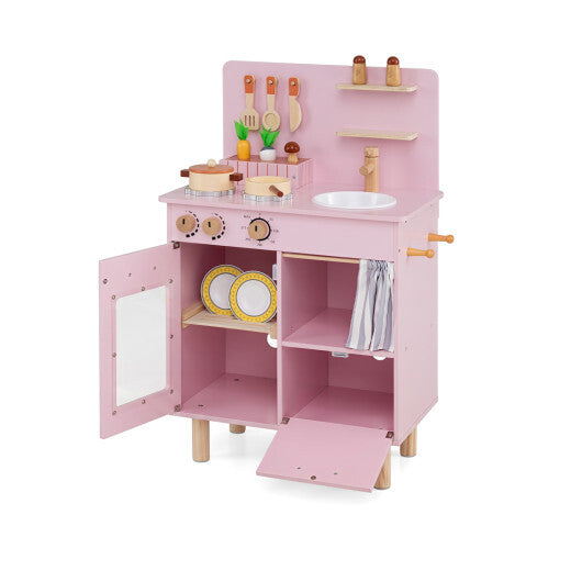 Wooden Play Kitchen for Kids Toddler Kitchen Playset with Stoves Faucet Sink-Beige