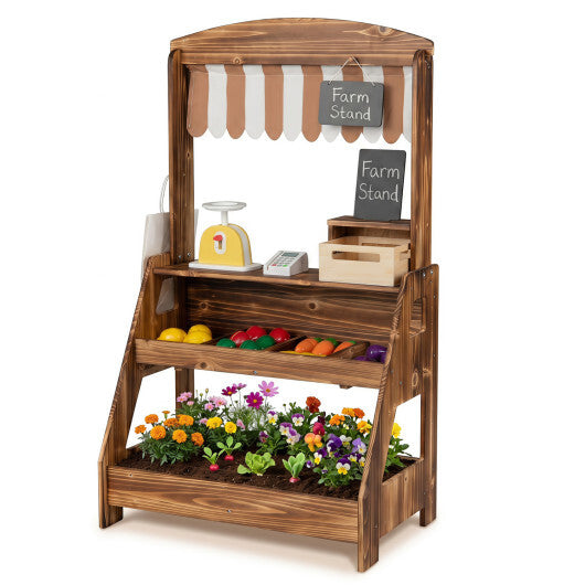 2-in-1 Wooden Mud Kitchen and Market Stand for Kids Outdoor with Planter Box and 2 Chalkboards-Natrual