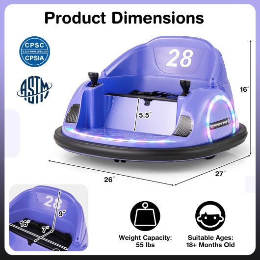 12V 360? Ride on Bumper Car for Toddlers with Remote Control-Purple - Color: Purple