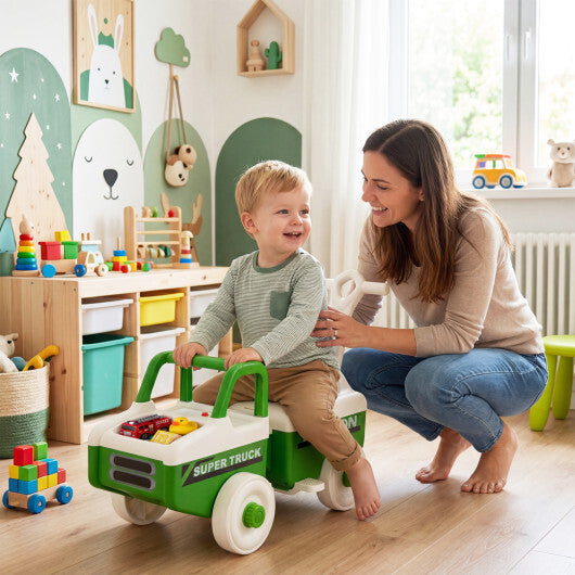 4 in 1 Ride on Push Car with Music and Under-Seat Storage for Boys Girls-Green