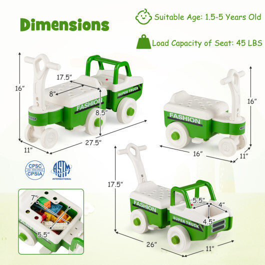 4 in 1 Ride on Push Car with Music and Under-Seat Storage for Boys Girls-Green
