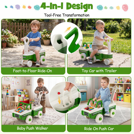 4 in 1 Ride on Push Car with Music and Under-Seat Storage for Boys Girls-Green