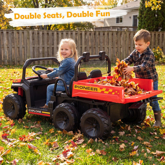 24V 2-Seater Kids Ride on Dump Truck 4WD with Electric Dump Bed and Lights-Red - Color: Red