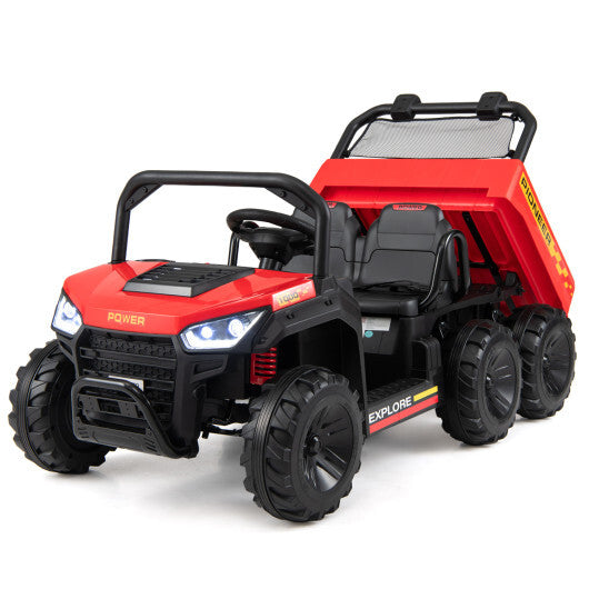 24V 2-Seater Kids Ride on Dump Truck 4WD with Electric Dump Bed and Lights-Red - Color: Red