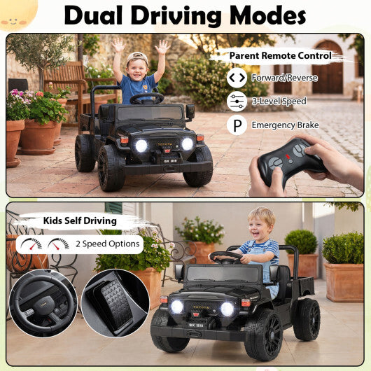 12V Electric Ride On Truck with Dump Bed and Music Licensed Toyota-Black - Color: Black