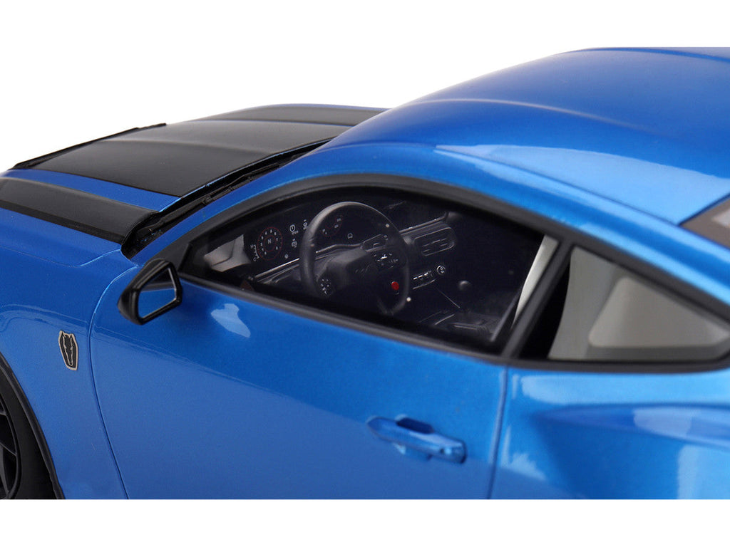 2024 Ford Mustang Dark Horse Grabber Blue Metallic with Black Hood Stripes 1/18 Model Car by Top Speed