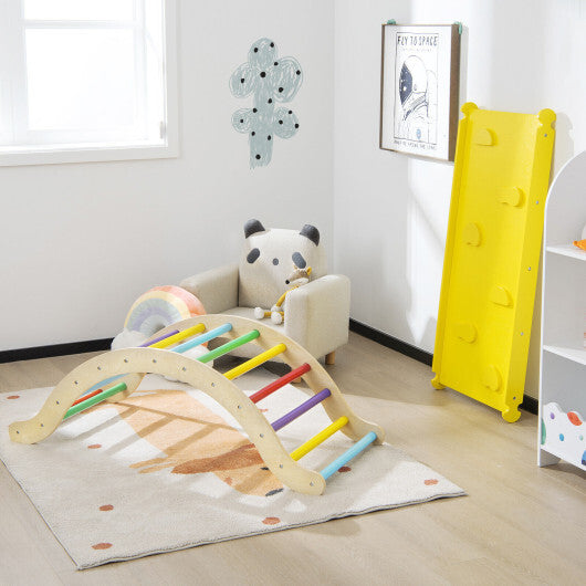 3-in-1 Kids Climber Set Wooden Arch Triangle Rocker with Ramp and Mat - Color: Yellow