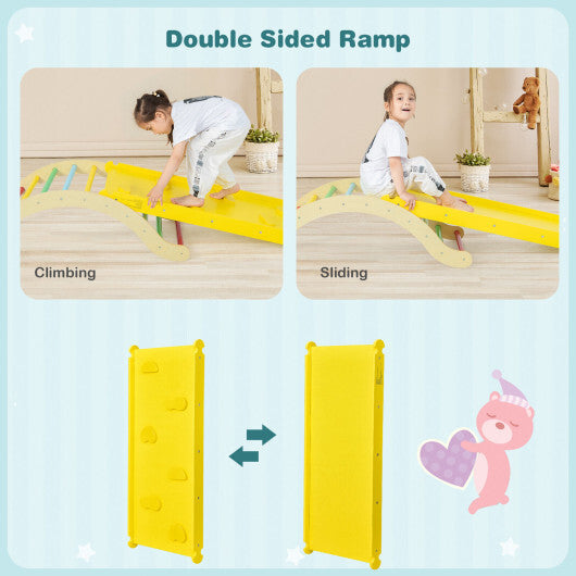 3-in-1 Kids Climber Set Wooden Arch Triangle Rocker with Ramp and Mat - Color: Yellow
