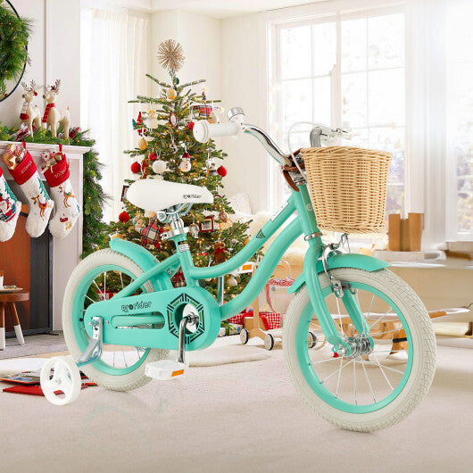 14-Inch Kids Bike with Training Wheels and Adjustable Handlebar Seat-Green - Color: Green