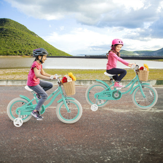 14-Inch Kids Bike with Training Wheels and Adjustable Handlebar Seat-Green - Color: Green