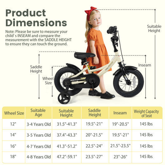 12 Inches Kids Bike Sport Bicycle with Removable Training Wheels - Size: 12 inches